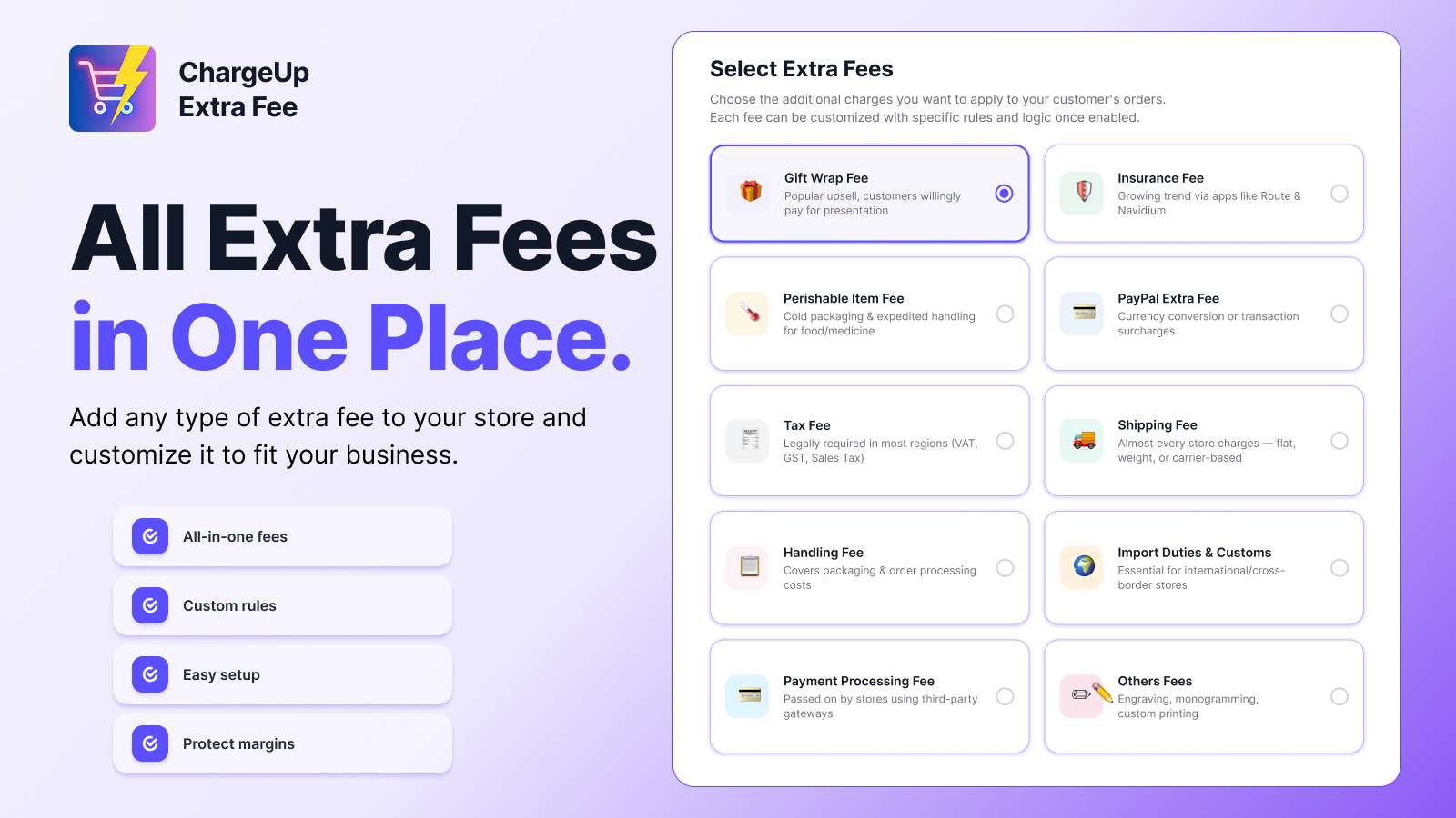 Chargeup Extra Fee dashboard showing customizable e-commerce fee options