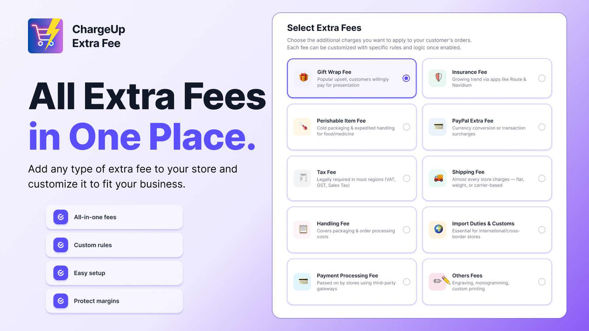 Chargeup Extra Fee dashboard showing customizable e-commerce fee options