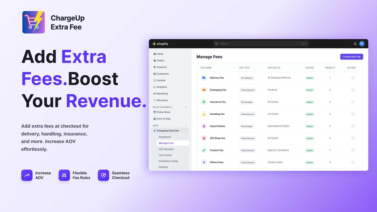 Chargeup Extra Fee Shopify app dashboard managing checkout fees