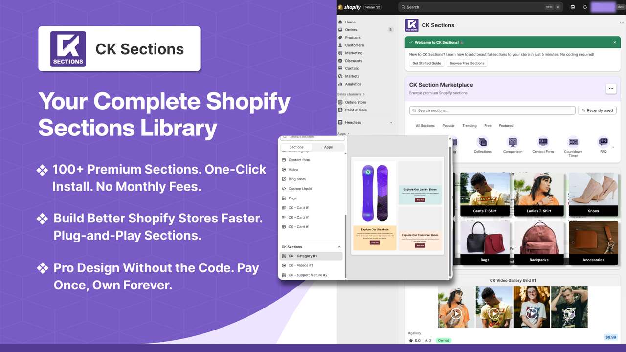 CK Theme Sections & Widgets Shopify app section library dashboard