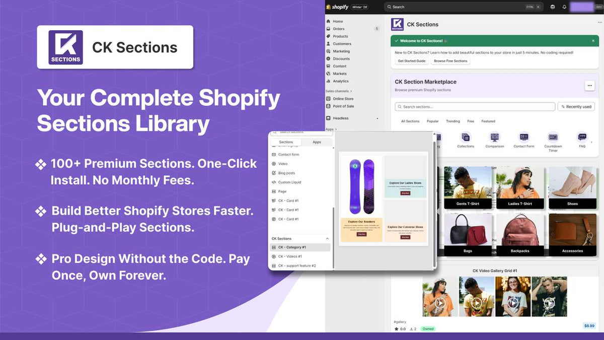 CK Theme Sections & Widgets Shopify app section library dashboard